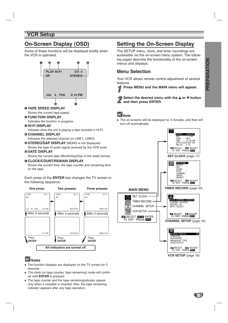 On-screen display (osd), Setting the on-screen display, Vcr setup | Prep ara tion, Menu selection | GoVideo DVD/VCR Combo User Manual | Page 15 / 38