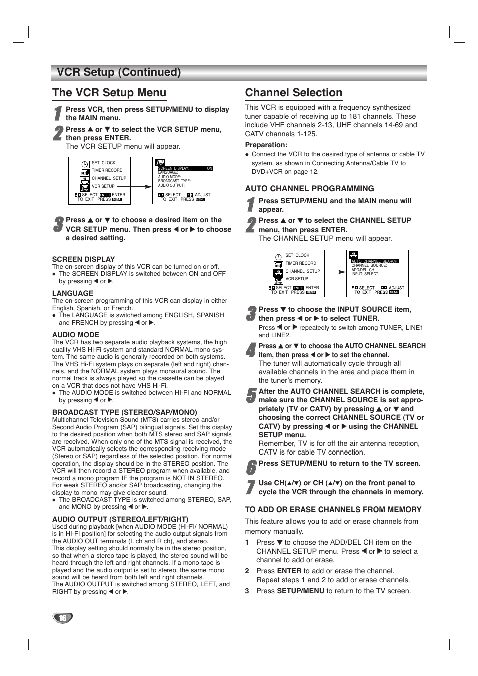 Vcr setup (continued) the vcr setup menu, Channel selection | GoVideo DVD/VCR Combo User Manual | Page 16 / 38
