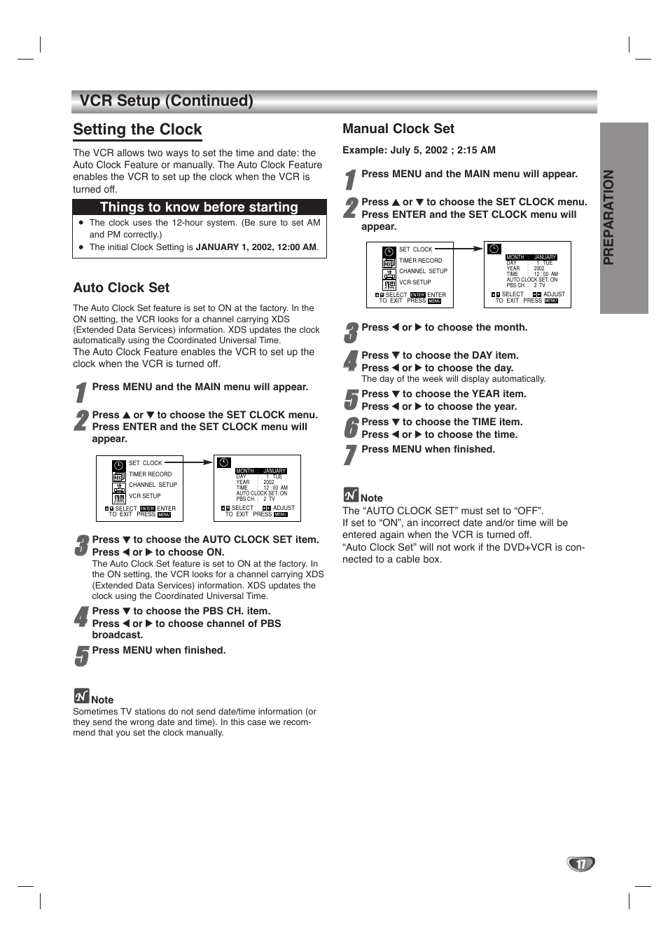 Vcr setup (continued) setting the clock, Prep ara tion, Auto clock set | Manual clock set, Things to know before starting | GoVideo DVD/VCR Combo User Manual | Page 17 / 38