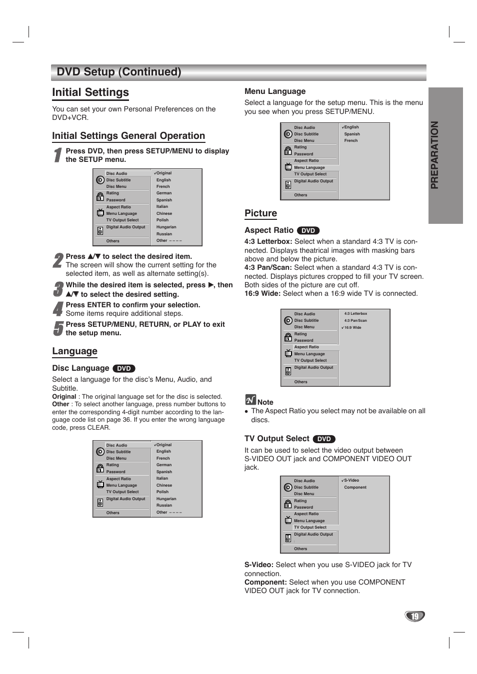 Dvd setup (continued) initial settings, Prep ara tion, Initial settings general operation | Language, Picture, Disc language, Menu language, Aspect ratio, Tv output select | GoVideo DVD/VCR Combo User Manual | Page 19 / 38