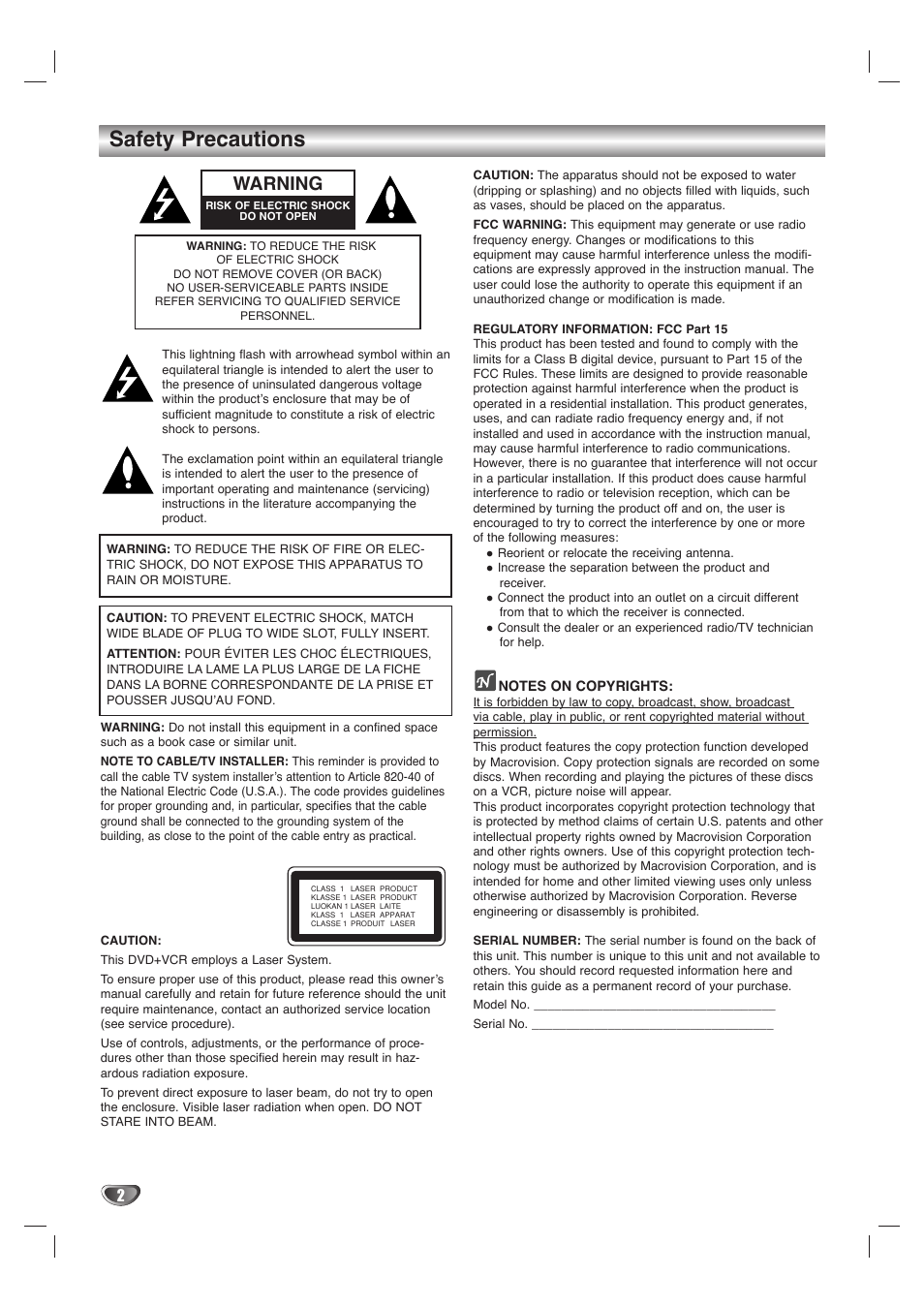 Safety precautions, Warning | GoVideo DVD/VCR Combo User Manual | Page 2 / 38