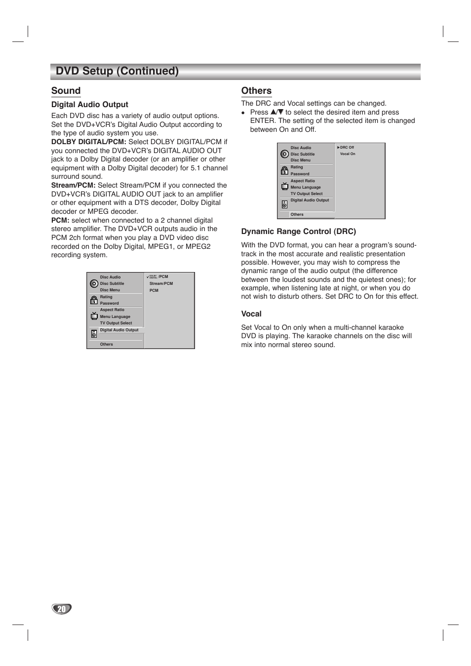 Dvd setup (continued), Sound, Others | Digital audio output, Dynamic range control (drc), Vocal | GoVideo DVD/VCR Combo User Manual | Page 20 / 38