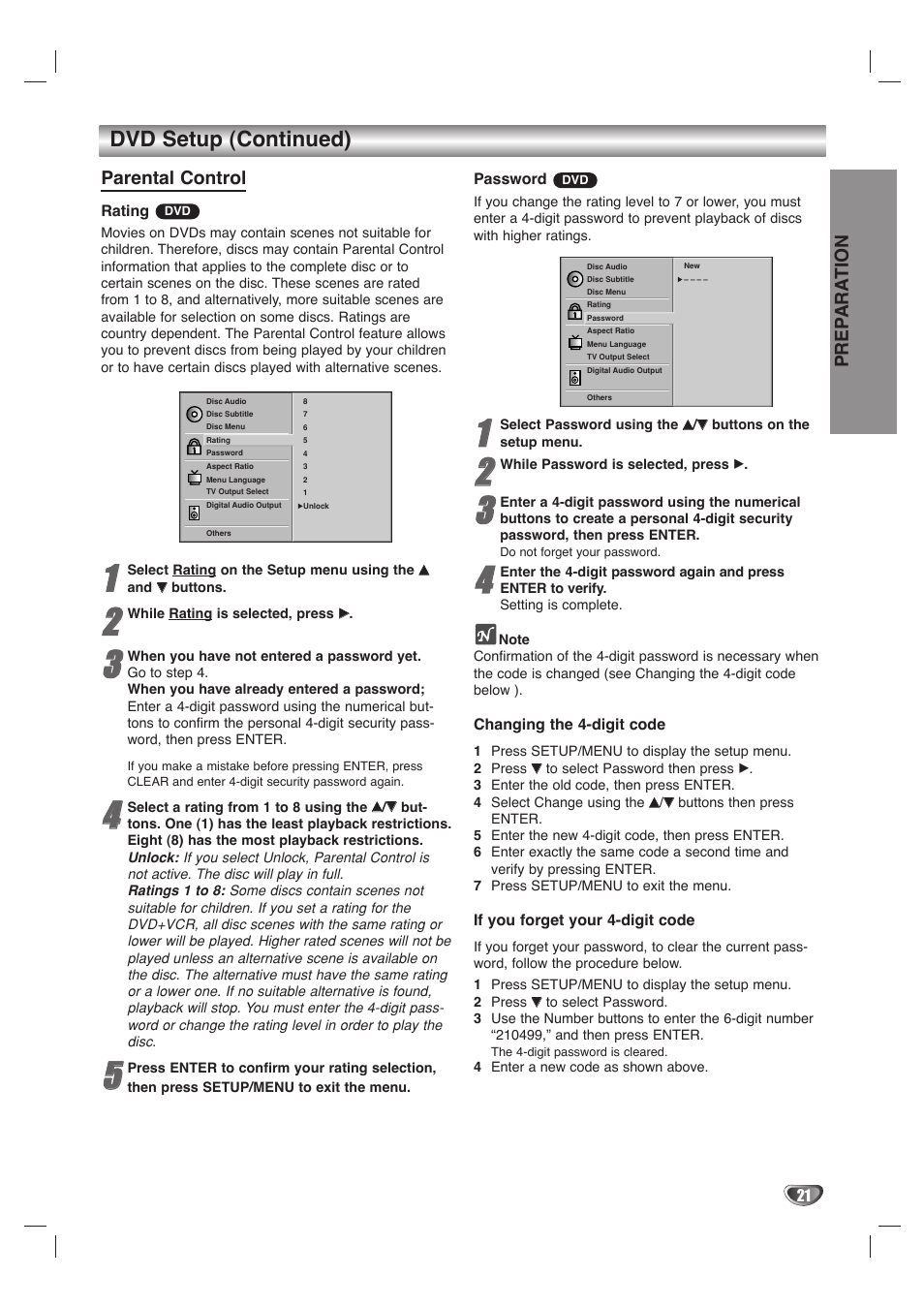 Dvd setup (continued), Prep ara tion, Parental control | GoVideo DVD/VCR Combo User Manual | Page 21 / 38