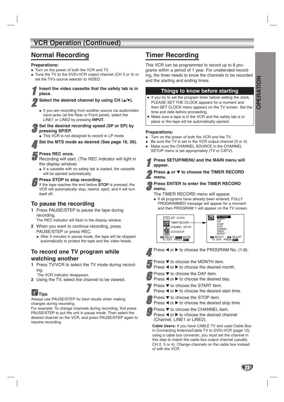 Vcr operation (continued) normal recording, Timer recording, Opera tion | GoVideo DVD/VCR Combo User Manual | Page 23 / 38