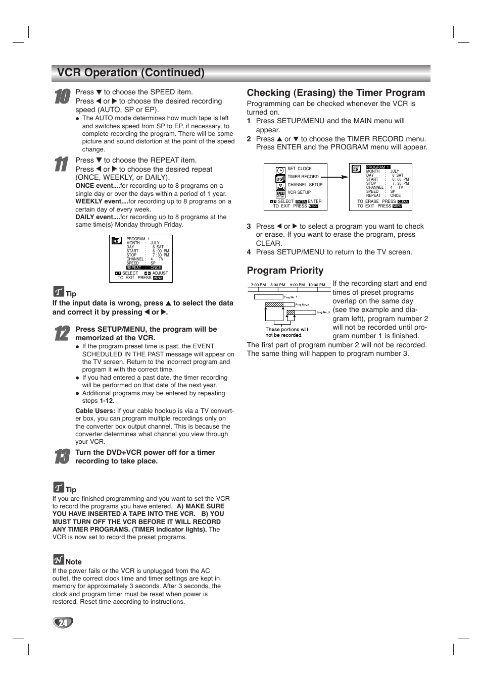 Vcr operation (continued), Checking (erasing) the timer program, Program priority | GoVideo DVD/VCR Combo User Manual | Page 24 / 38
