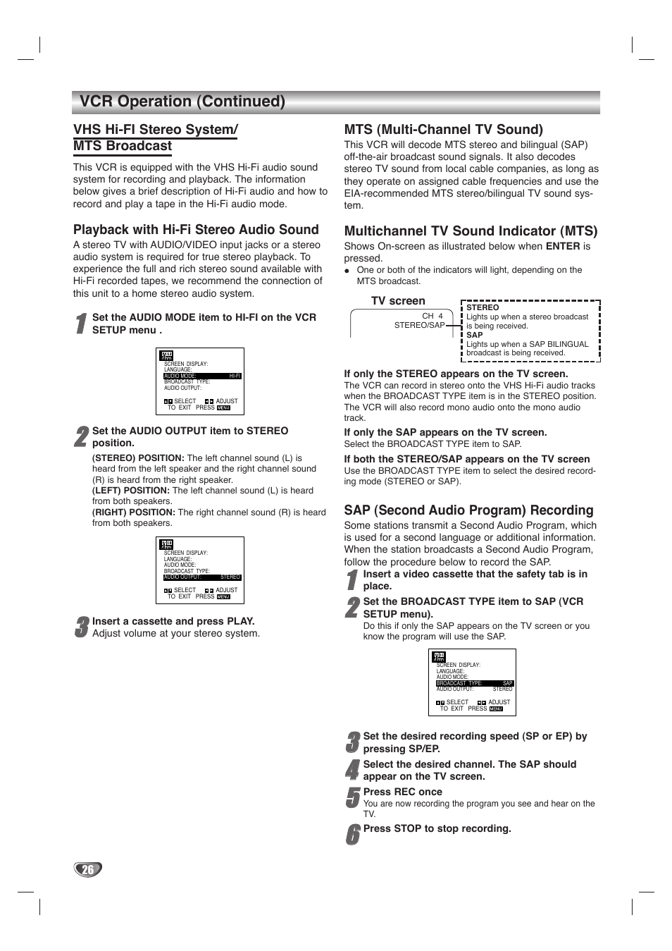 Vcr operation (continued), Vhs hi-fi stereo system/ mts broadcast, Playback with hi-fi stereo audio sound | Mts (multi-channel tv sound), Multichannel tv sound indicator (mts), Sap (second audio program) recording | GoVideo DVD/VCR Combo User Manual | Page 26 / 38