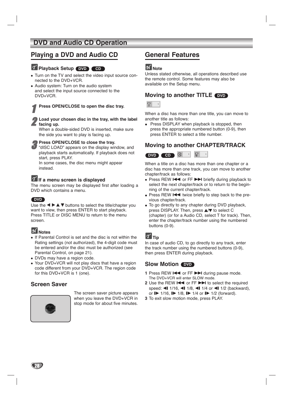 General features, Screen saver, Moving to another title | Moving to another chapter/track, Slow motion | GoVideo DVD/VCR Combo User Manual | Page 28 / 38