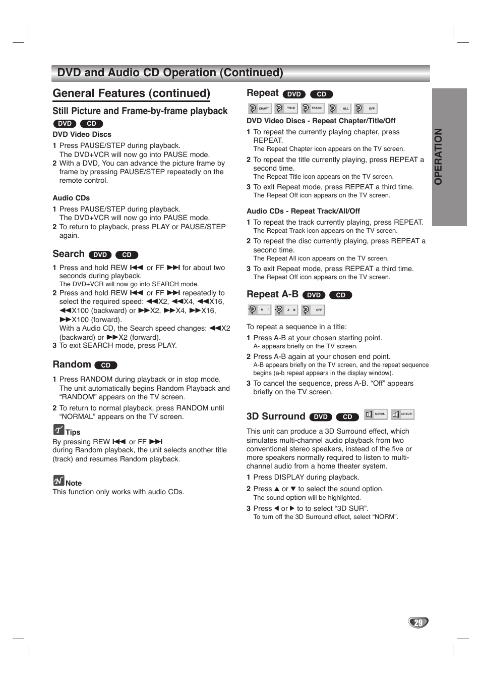 Opera tion, Still picture and frame-by-frame playback, Search | Random, Repeat, Repeat a-b, 3d surround | GoVideo DVD/VCR Combo User Manual | Page 29 / 38