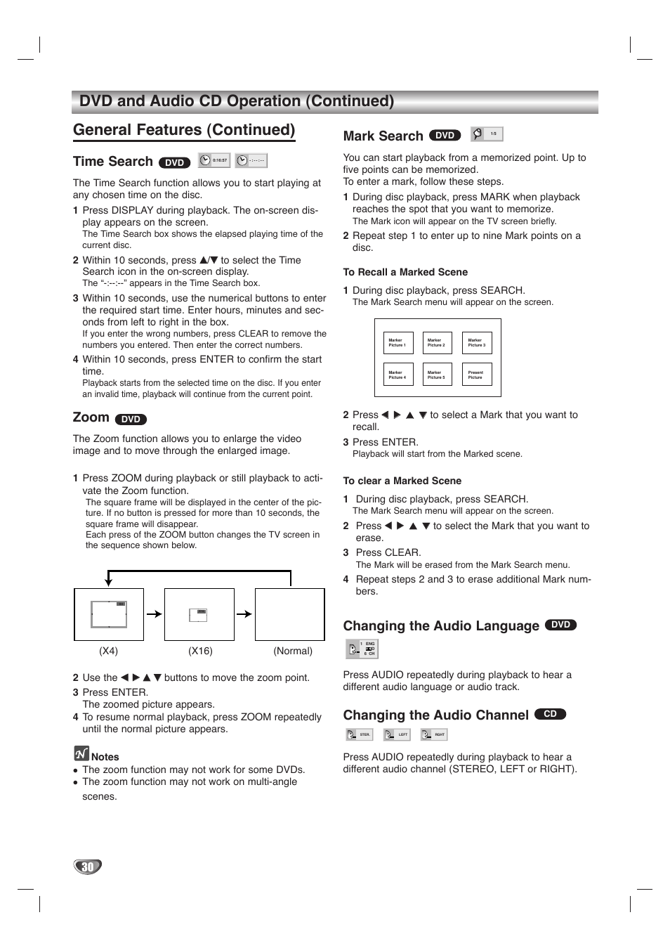 Time search, Zoom, Mark search | Changing the audio language, Changing the audio channel | GoVideo DVD/VCR Combo User Manual | Page 30 / 38