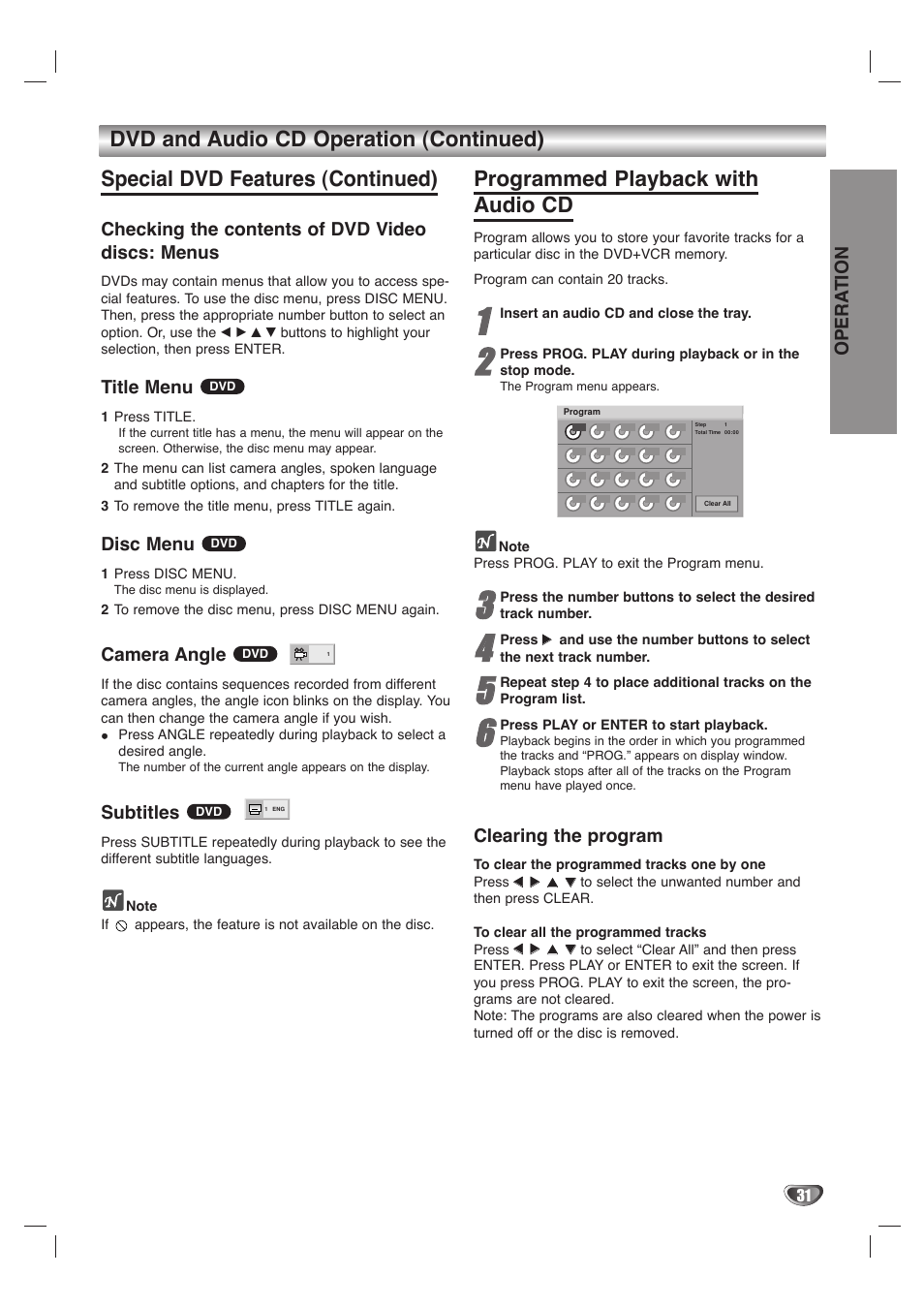 Programmed playback with audio cd, Opera tion, Checking the contents of dvd video discs: menus | Title menu, Disc menu, Camera angle, Subtitles, Clearing the program | GoVideo DVD/VCR Combo User Manual | Page 31 / 38