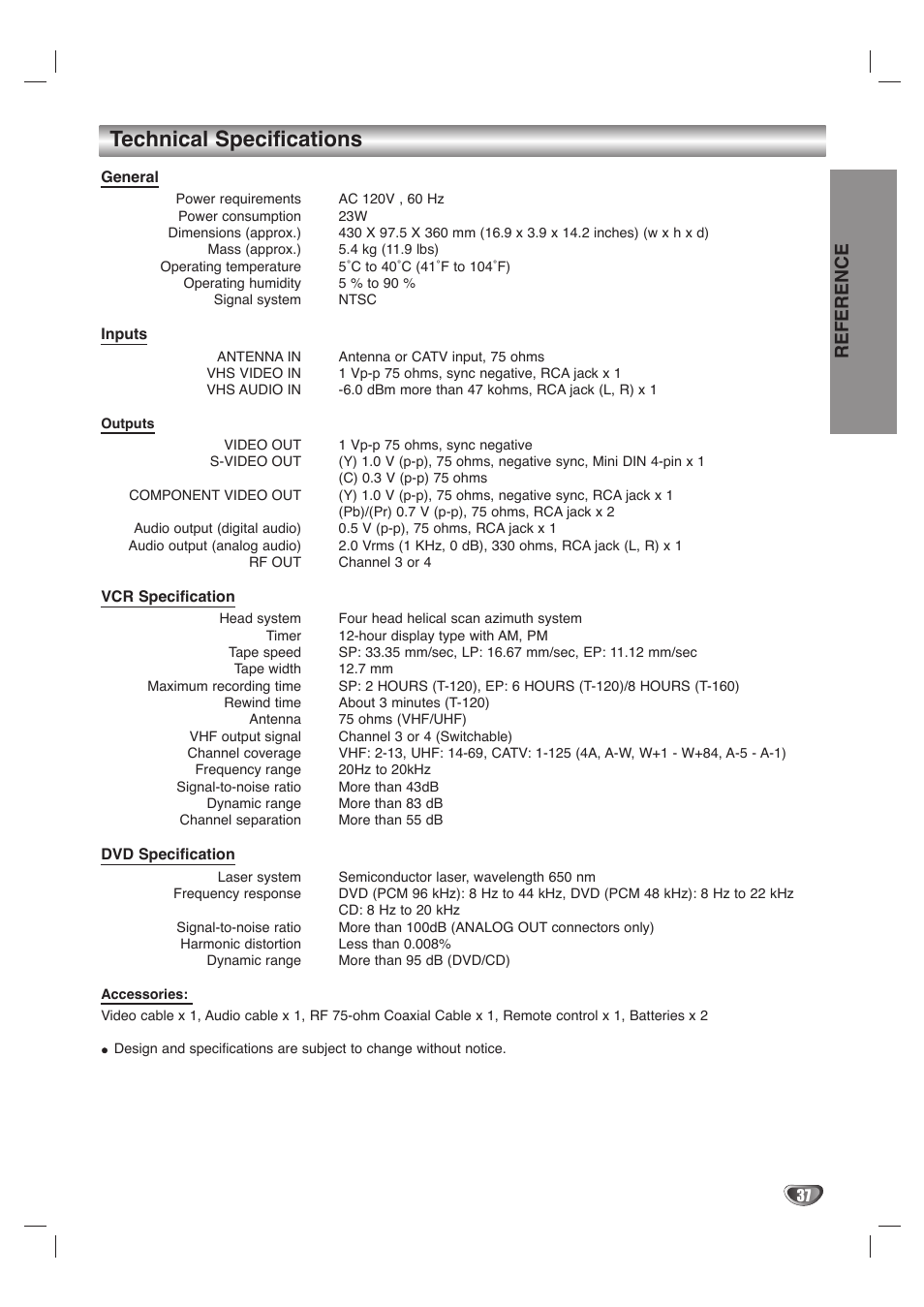 Technical specifications, Reference | GoVideo DVD/VCR Combo User Manual | Page 37 / 38