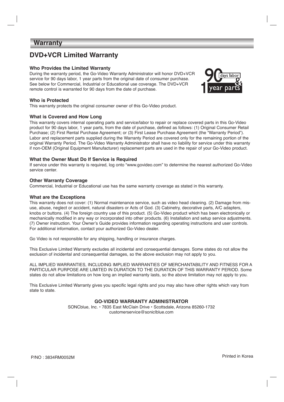 Year parts, Dvd+vcr limited warranty, Warranty | GoVideo DVD/VCR Combo User Manual | Page 38 / 38