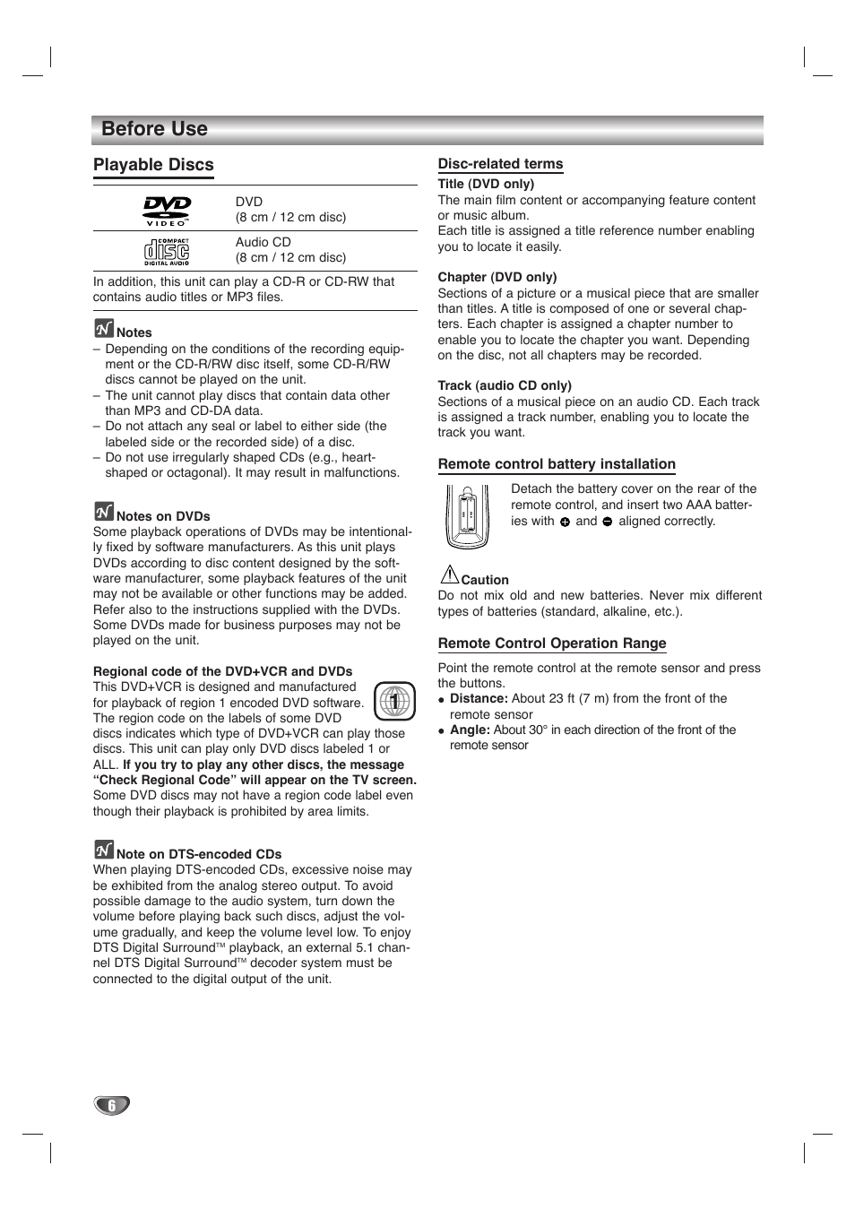 Before use, Playable discs | GoVideo DVD/VCR Combo User Manual | Page 6 / 38