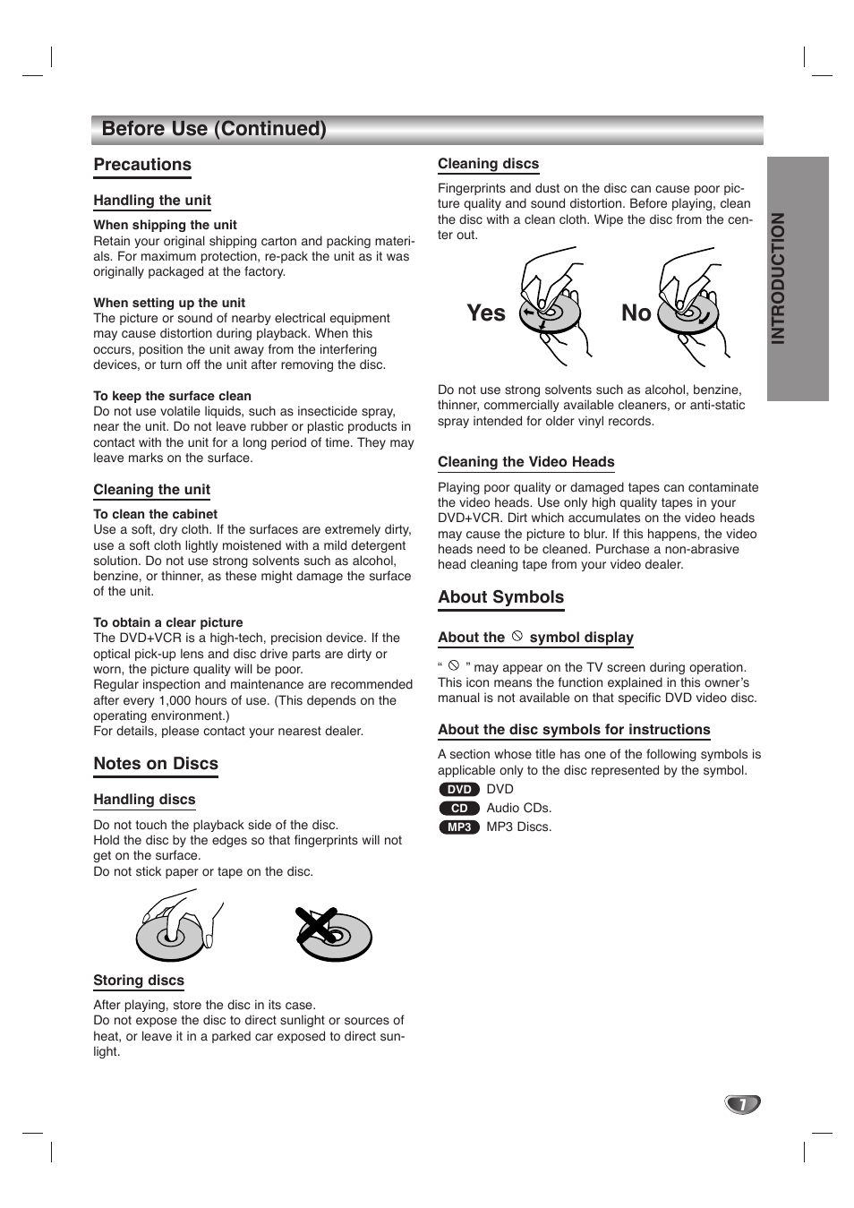 Yes no, Before use (continued) | GoVideo DVD/VCR Combo User Manual | Page 7 / 38