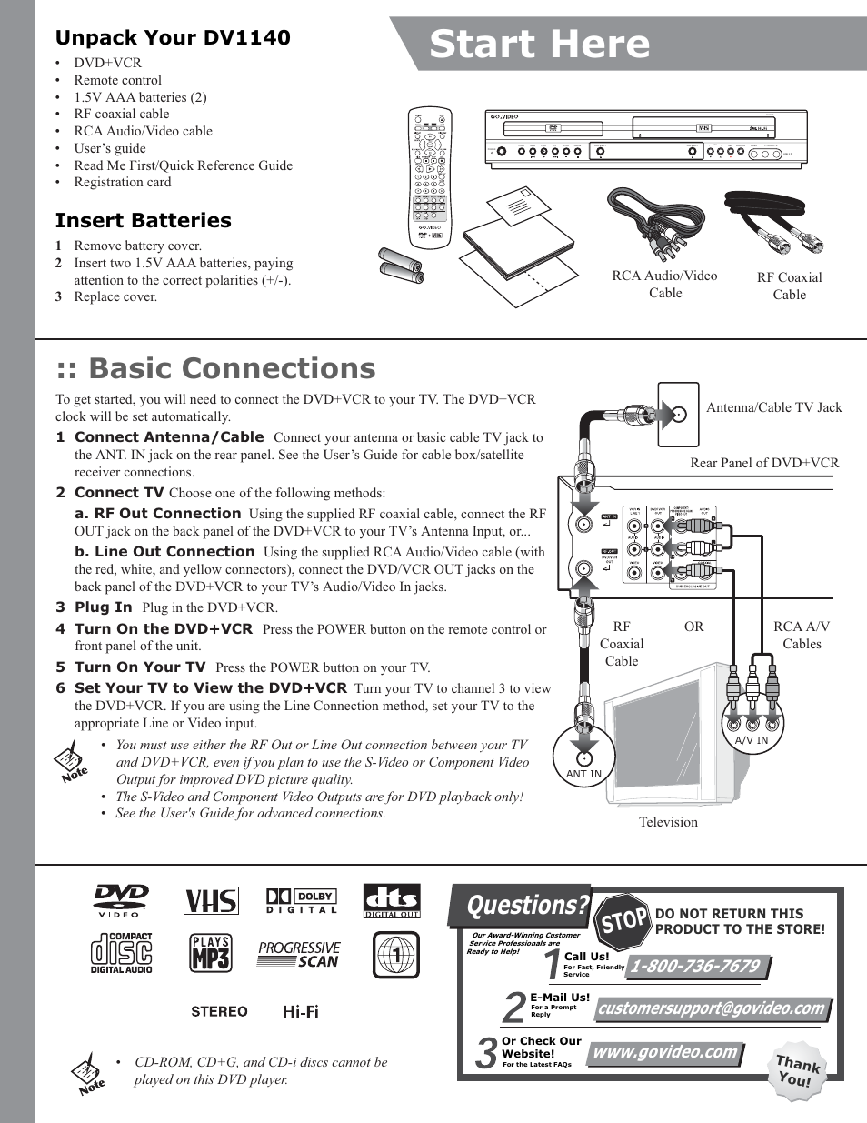 GoVideo DVD+VCR DV1140 User Manual | 2 pages