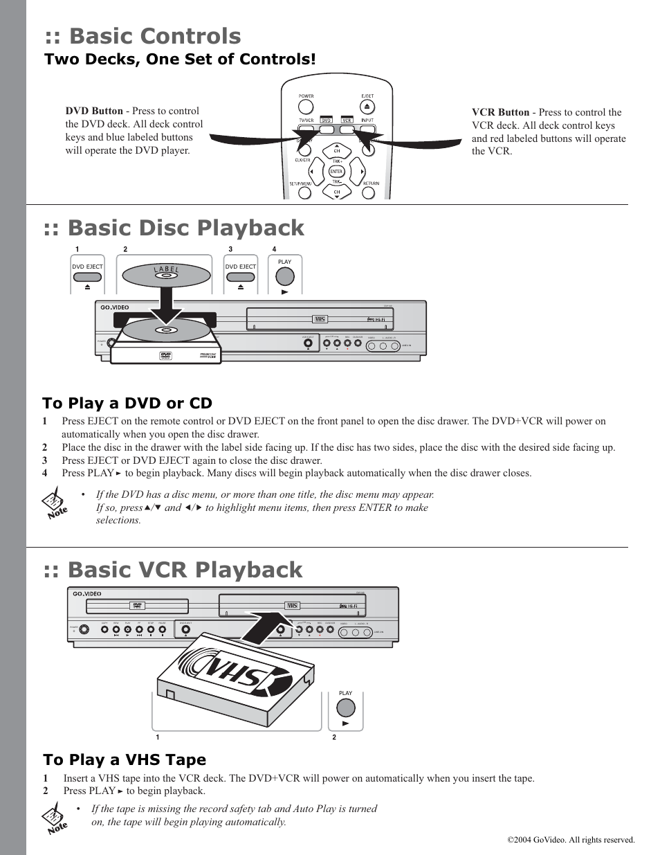 Basic controls, Basic disc playback :: basic vcr playback, Two decks, one set of controls | GoVideo DVD+VCR DV1140 User Manual | Page 2 / 2