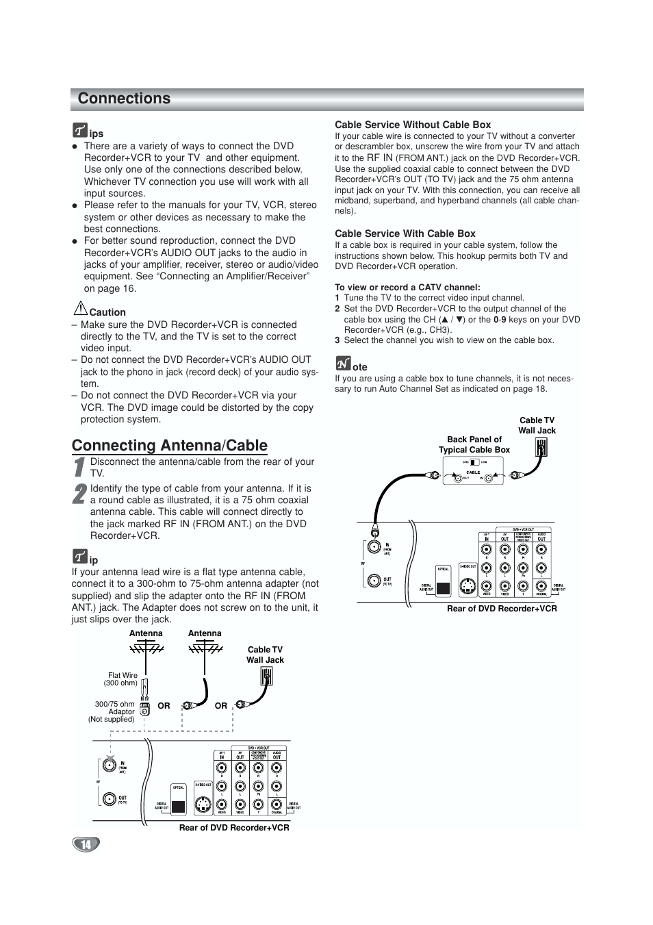 Connections, Tips, Antenna / cable | Connecting antenna/cable | GoVideo VR5940 User Manual | Page 14 / 66