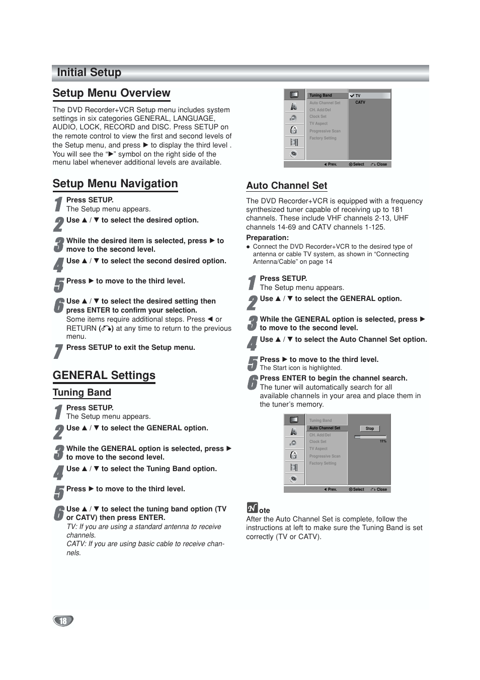 Initial setup - menu system, Setup menu overview, Navigating the menu | General settings, Tuning band - air / cable, Auto channel set, Setup menu navigation, Initial setup | GoVideo VR5940 User Manual | Page 18 / 66