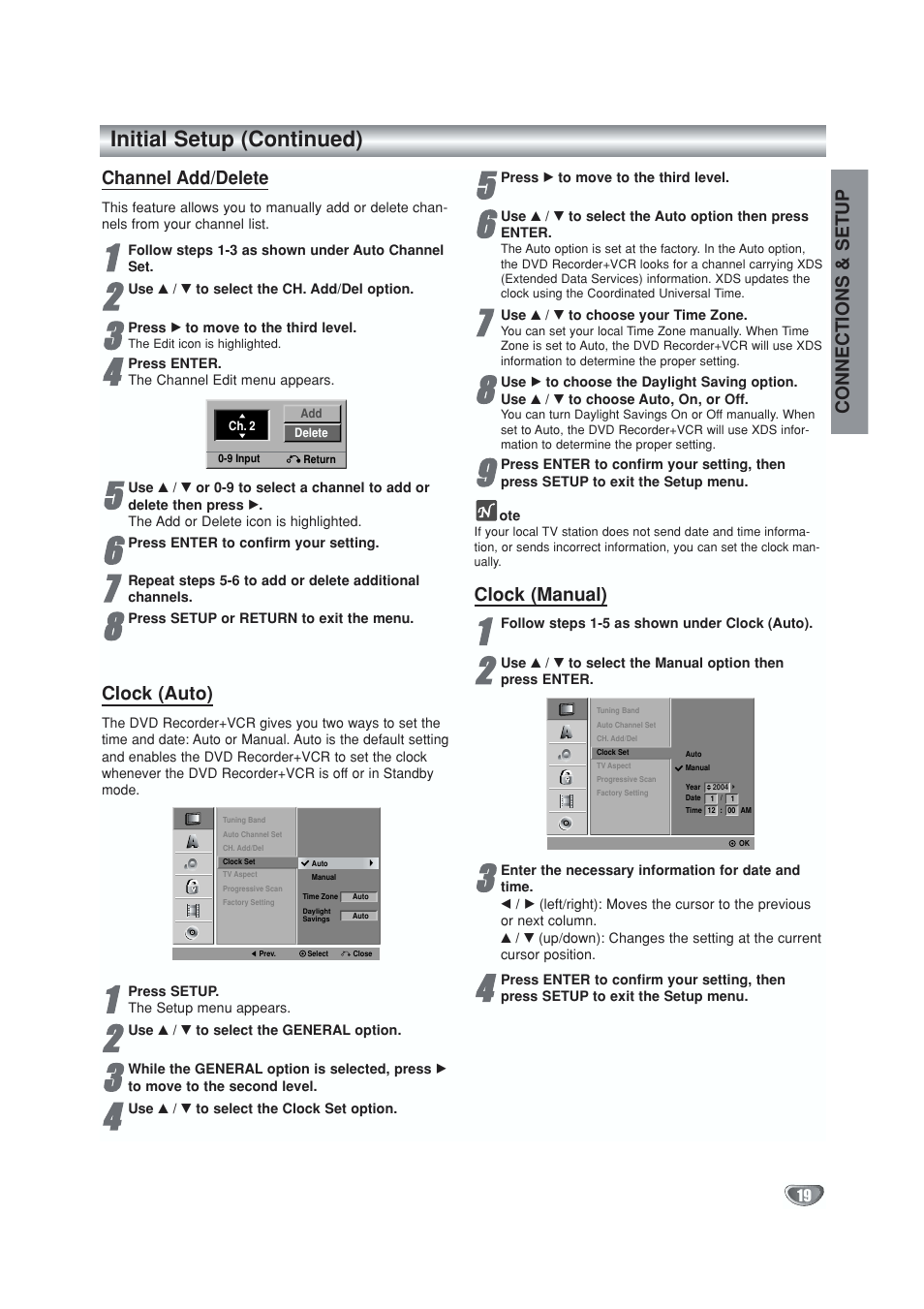 Clock set - general settings menu, Channel add / delete, Clock set - auto / manual | Initial setup (continued) | GoVideo VR5940 User Manual | Page 19 / 66