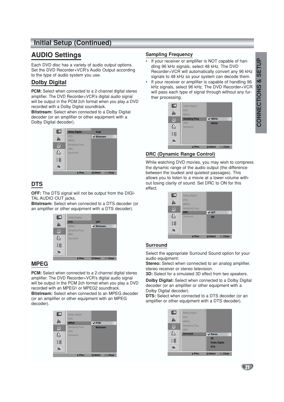 Audio settings, Dolby digital, Mpeg | Sampling frequency, Drc (dynamic range control), Surround, Initial setup (continued) audio settings, Connections & setup | GoVideo VR5940 User Manual | Page 21 / 66