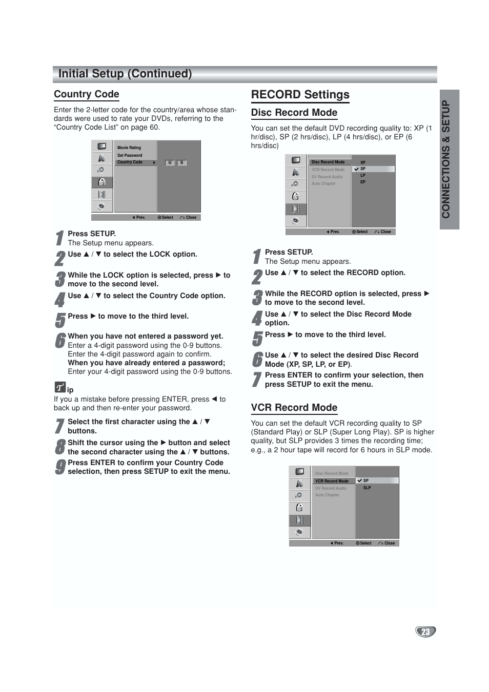 Country code, Record settings, Disc record mode | Vcr record mode, Initial setup (continued) | GoVideo VR5940 User Manual | Page 23 / 66