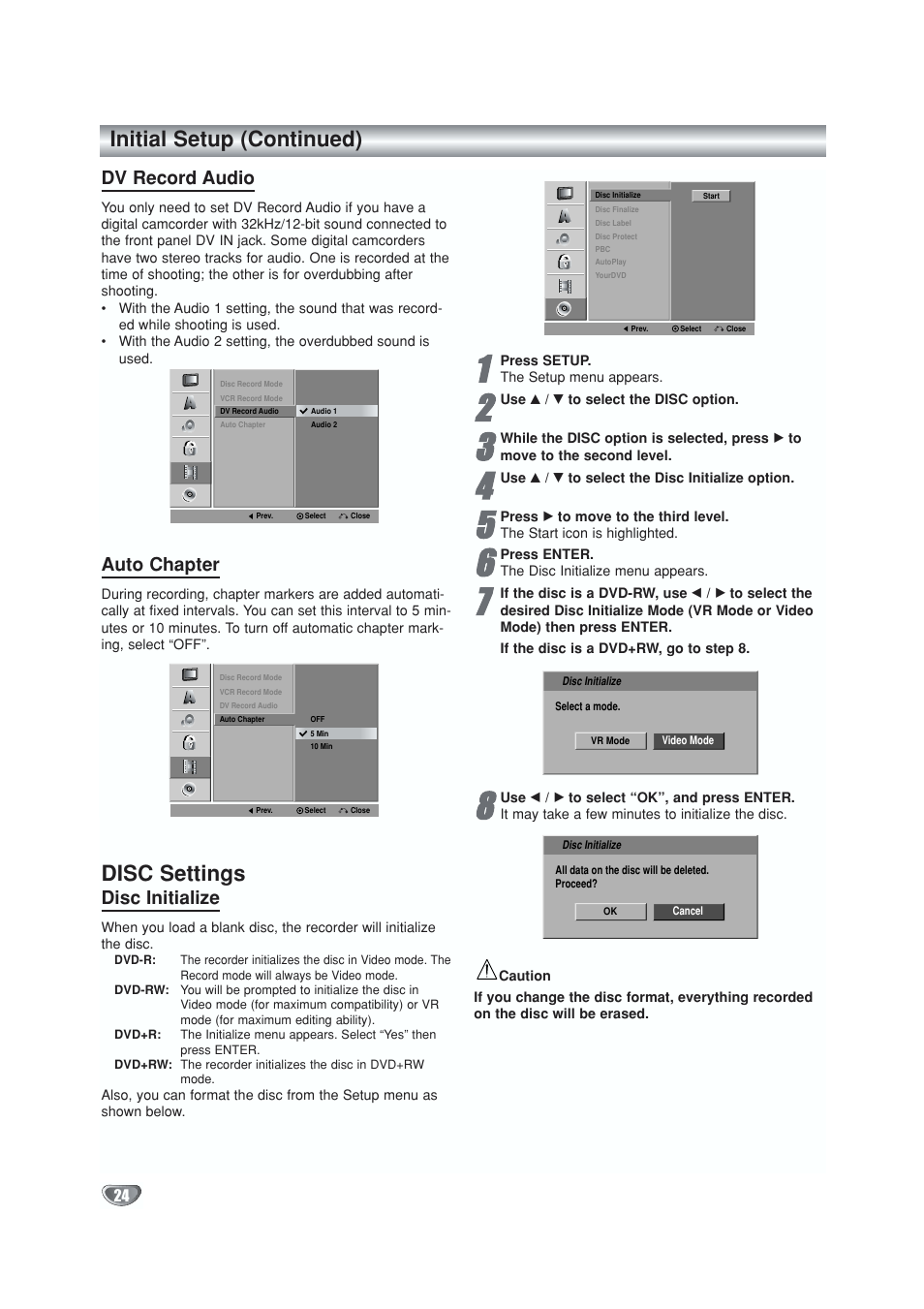 Dv record mode, Auto chapter, Disc settings | Disc initialize, Initial setup (continued), Dv record audio | GoVideo VR5940 User Manual | Page 24 / 66