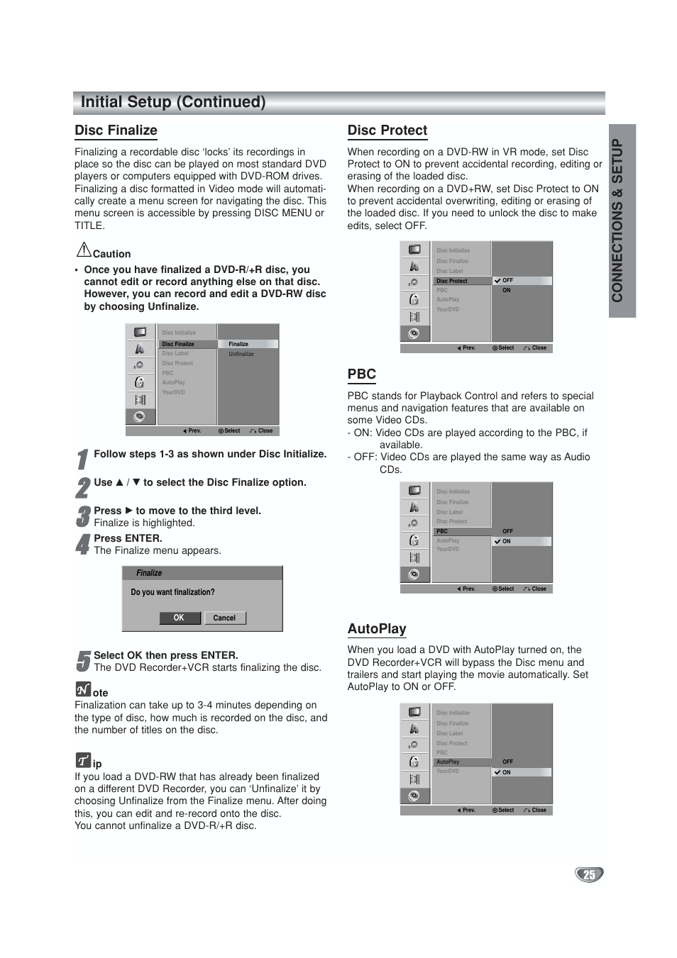 Disc finalize - disc settings menu, Disc finalize, Disc protect | Pbc (video-cds), Autoplay, Initial setup (continued), Connections & setup | GoVideo VR5940 User Manual | Page 25 / 66