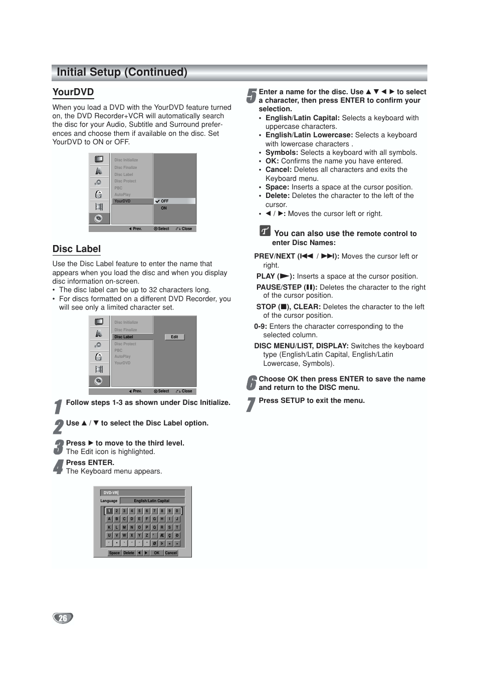Yourdvd, Disc label, Initial setup (continued) | You can also use the r | GoVideo VR5940 User Manual | Page 26 / 66