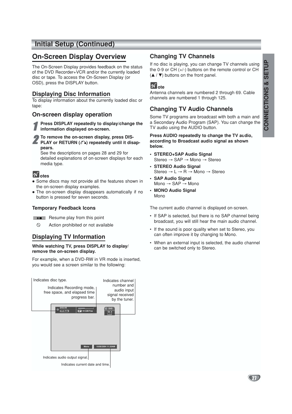Using the on-screen display, Displaying disc information, Displaying tv information | Changing tv channels, Changing tv audio channels, Connections & setup, On-screen display operation | GoVideo VR5940 User Manual | Page 27 / 66