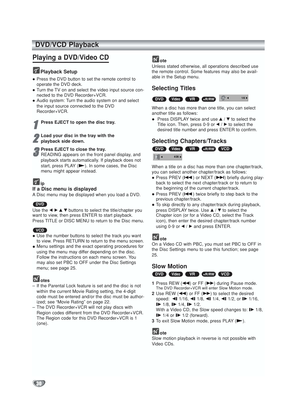 Playback, Dvd / vcd operation, Selecting titles | Selecting chapters / tracks, Slow motion, Dvd/vcd playback playing a dvd/video cd, Selecting chapters/tracks | GoVideo VR5940 User Manual | Page 30 / 66