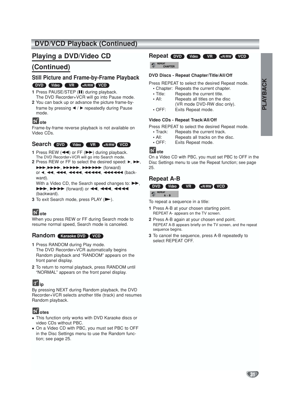 Still picture and frame-by-frame playback, Random, Repeat | Pla yback, Search, Repeat a-b | GoVideo VR5940 User Manual | Page 31 / 66