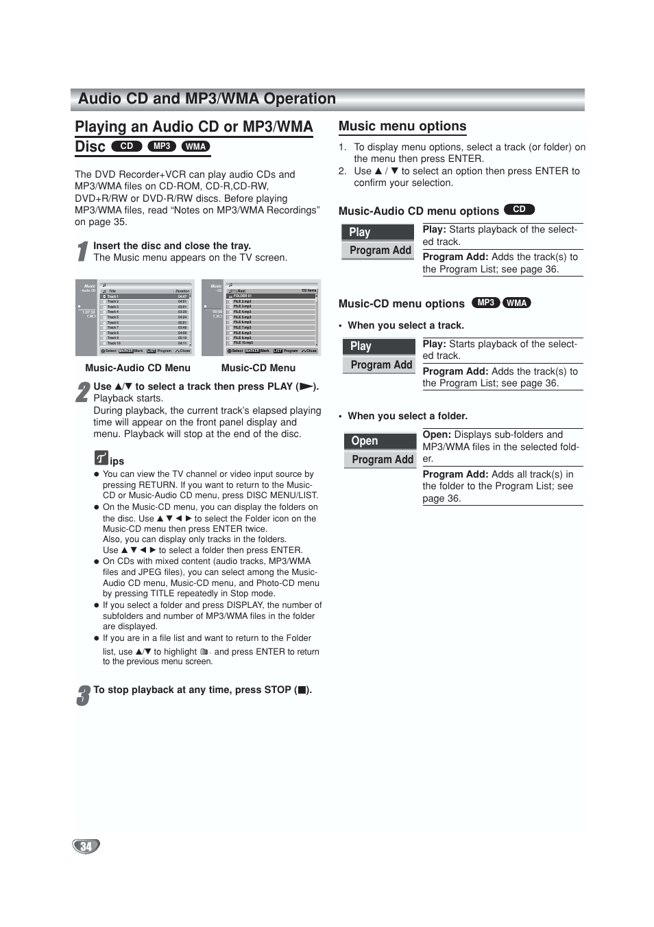 Cd / mp3 / wma operation, Playing a cd / mp3 / wma disc, Music menu options | Play, Open, Music-audio cd menu options, Music-cd menu options, Program add | GoVideo VR5940 User Manual | Page 34 / 66