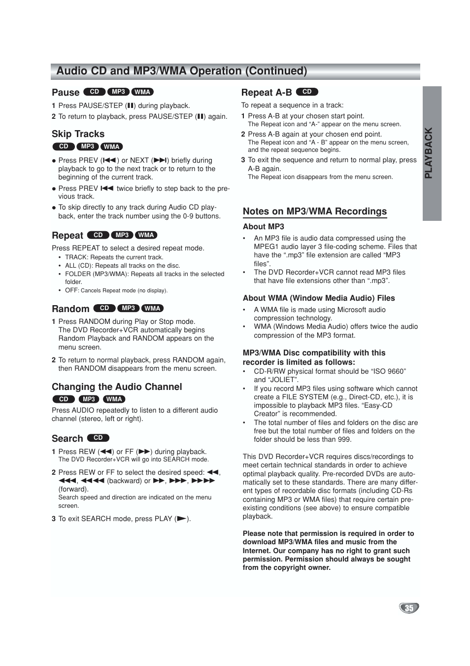 Pause, Skip tracks, Repeat | Random, Changing the audio channel, Repeat a-b, Notes on mp3 / wma recordings, Audio cd and mp3/wma operation (continued), Pla yback, Search | GoVideo VR5940 User Manual | Page 35 / 66