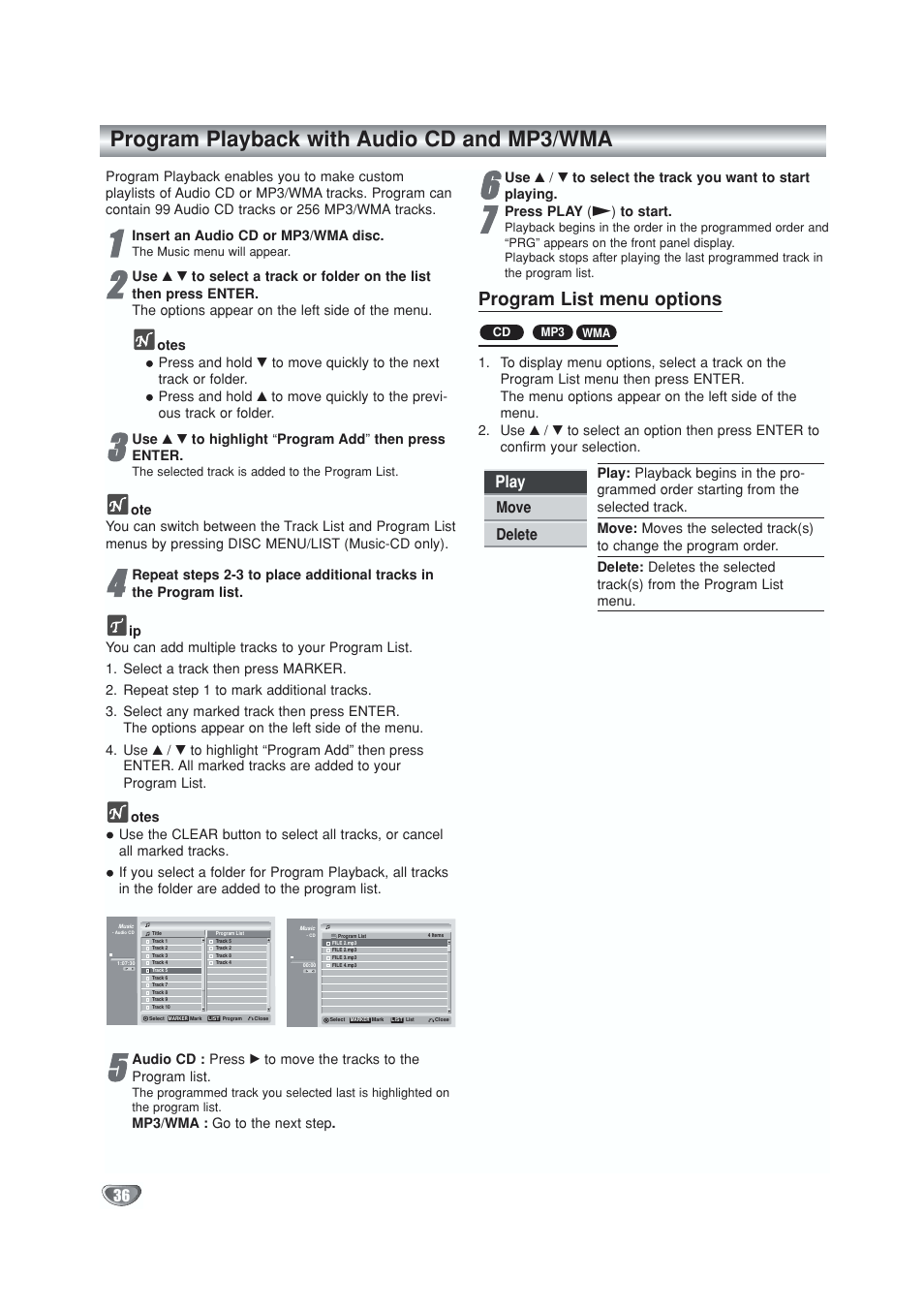 Program playback, Program playback with audio cd and mp3/wma, Program list menu options | Play, Move delete | GoVideo VR5940 User Manual | Page 36 / 66