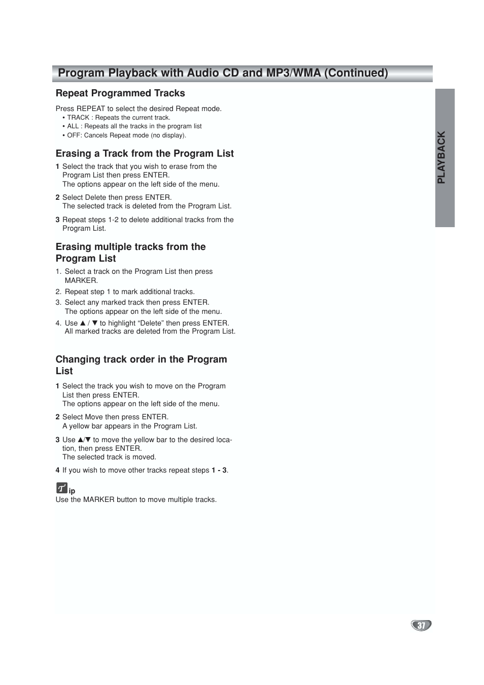 Pla yback, Repeat programmed tracks, Erasing a track from the program list | Erasing multiple tracks from the program list, Changing track order in the program list | GoVideo VR5940 User Manual | Page 37 / 66