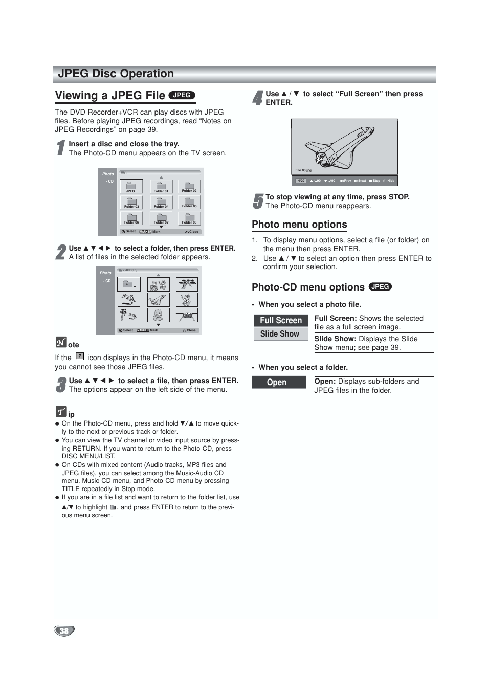 Jpeg disc operation, Viewing a jpeg file, Photo menu options | Photo-cd menu options, Full screen, Open | GoVideo VR5940 User Manual | Page 38 / 66