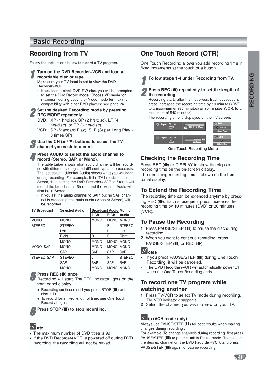Recording, Recording from tv, One touch record (otr) | Basic recording recording from tv, Checking the recording time | GoVideo VR5940 User Manual | Page 41 / 66