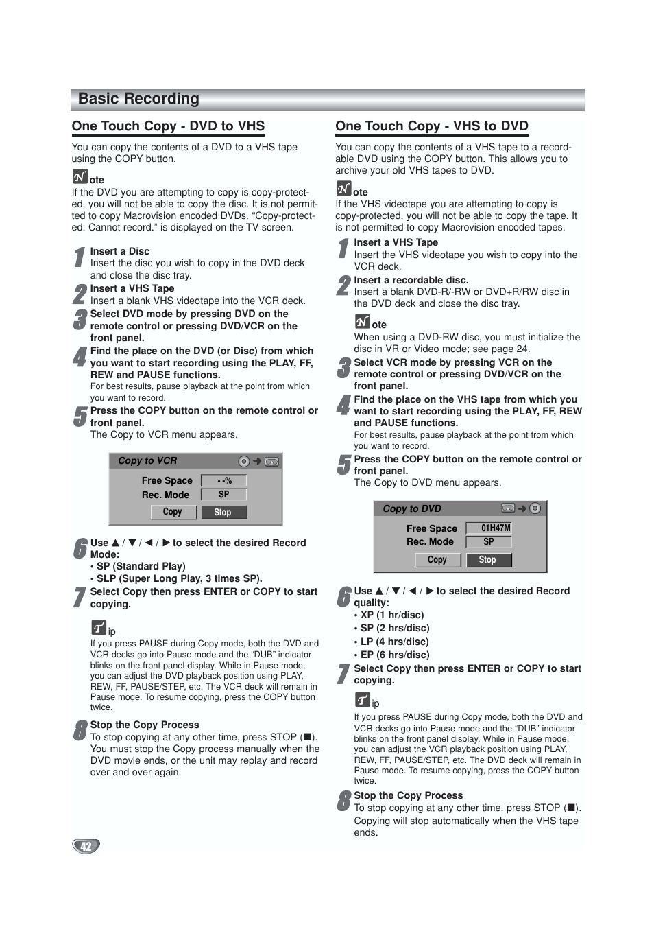 One touch copy - dvd to vhs, One touch copy - vhs to dvd | GoVideo VR5940 User Manual | Page 42 / 66