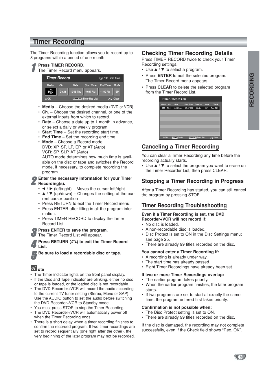 Timer recording, Recording, Checking timer recording details | Canceling a timer recording, Stopping a timer recording in progress, Timer recording troubleshooting | GoVideo VR5940 User Manual | Page 43 / 66