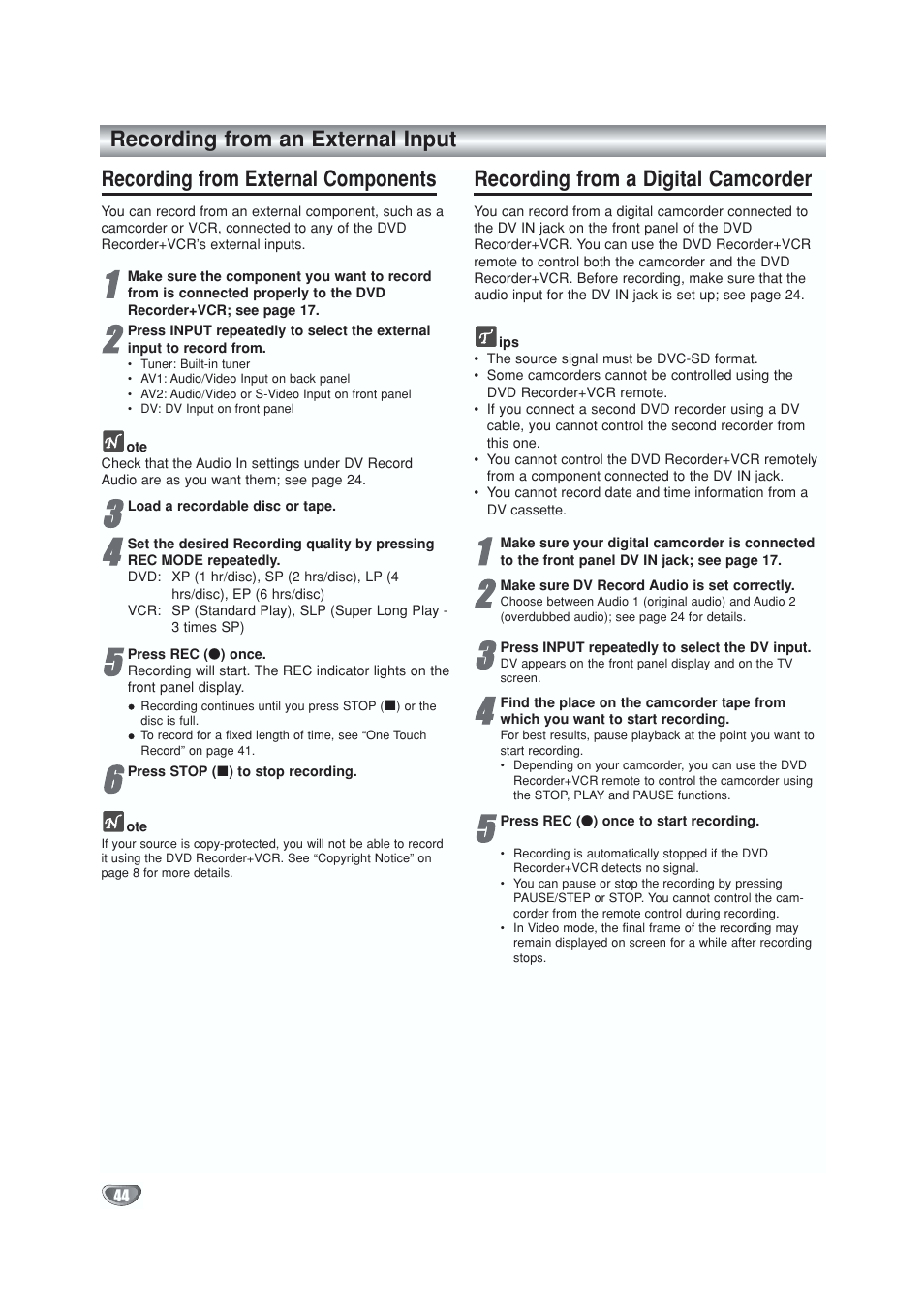Recording from an external input, Recording from external components, Recording from a digital camcorder | GoVideo VR5940 User Manual | Page 44 / 66