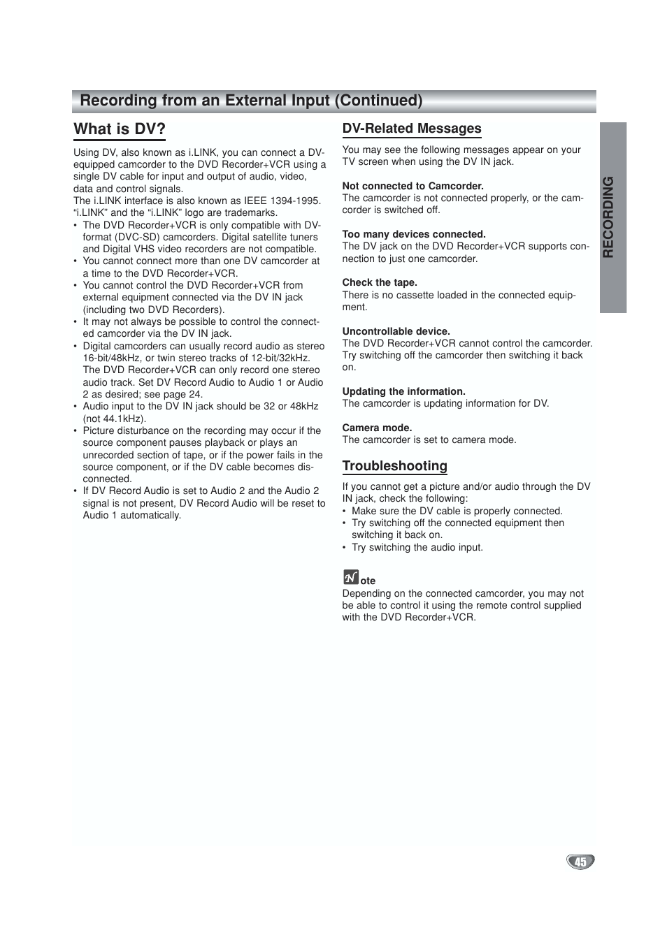 Recording, Dv-related messages, Troubleshooting | GoVideo VR5940 User Manual | Page 45 / 66