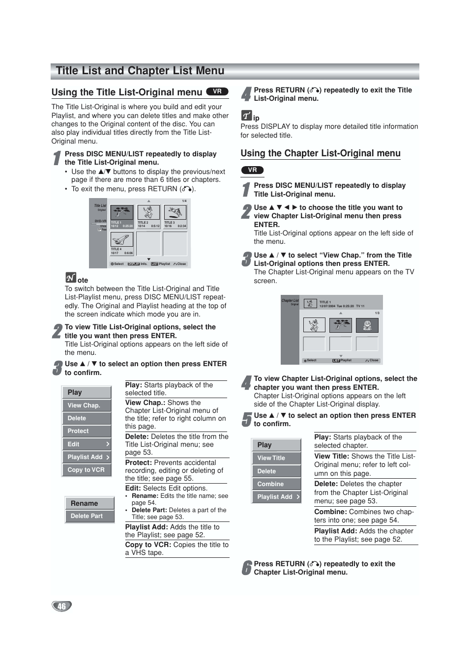 Editing, Title list and chapter list menu, Using the title list-original menu | Using the chapter list-original menu | GoVideo VR5940 User Manual | Page 46 / 66
