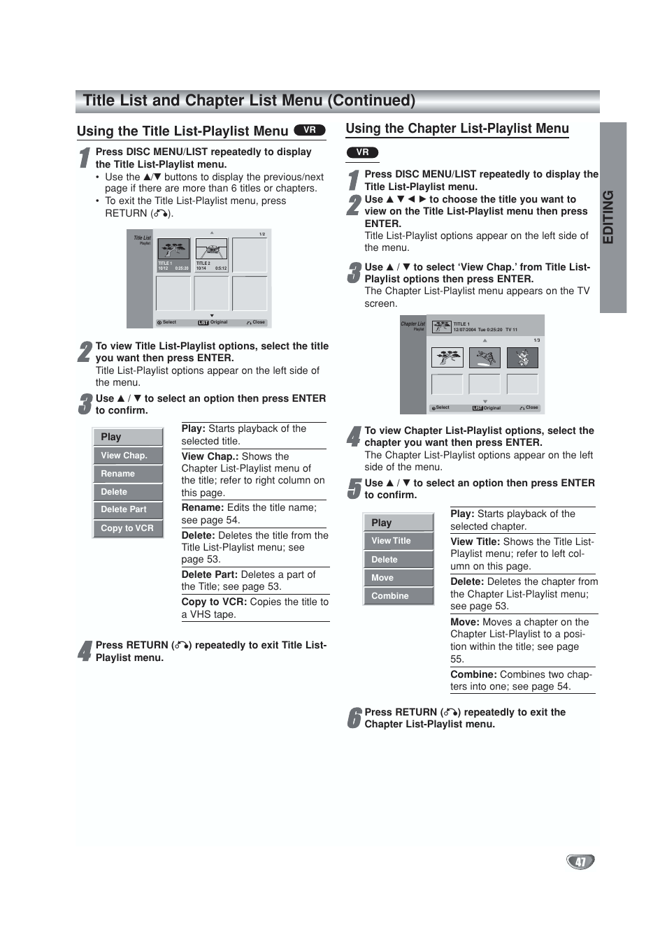 Title list and chapter list menu (continued), Using the title list-playlist menu, Using the chapter list-playlist menu | Editing | GoVideo VR5940 User Manual | Page 47 / 66