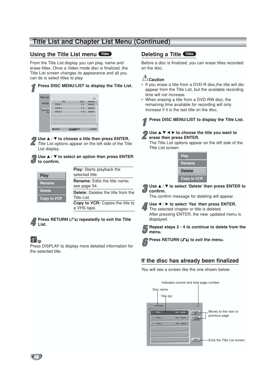 Title list and chapter list menu (continued), Using the title list menu, Deleting a title | If the disc has already been finalized | GoVideo VR5940 User Manual | Page 48 / 66