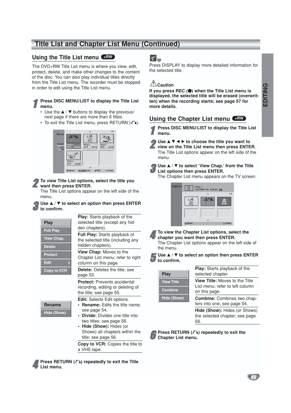 Title list and chapter list menu (continued), Using the title list menu, Using the chapter list menu | Editing | GoVideo VR5940 User Manual | Page 49 / 66