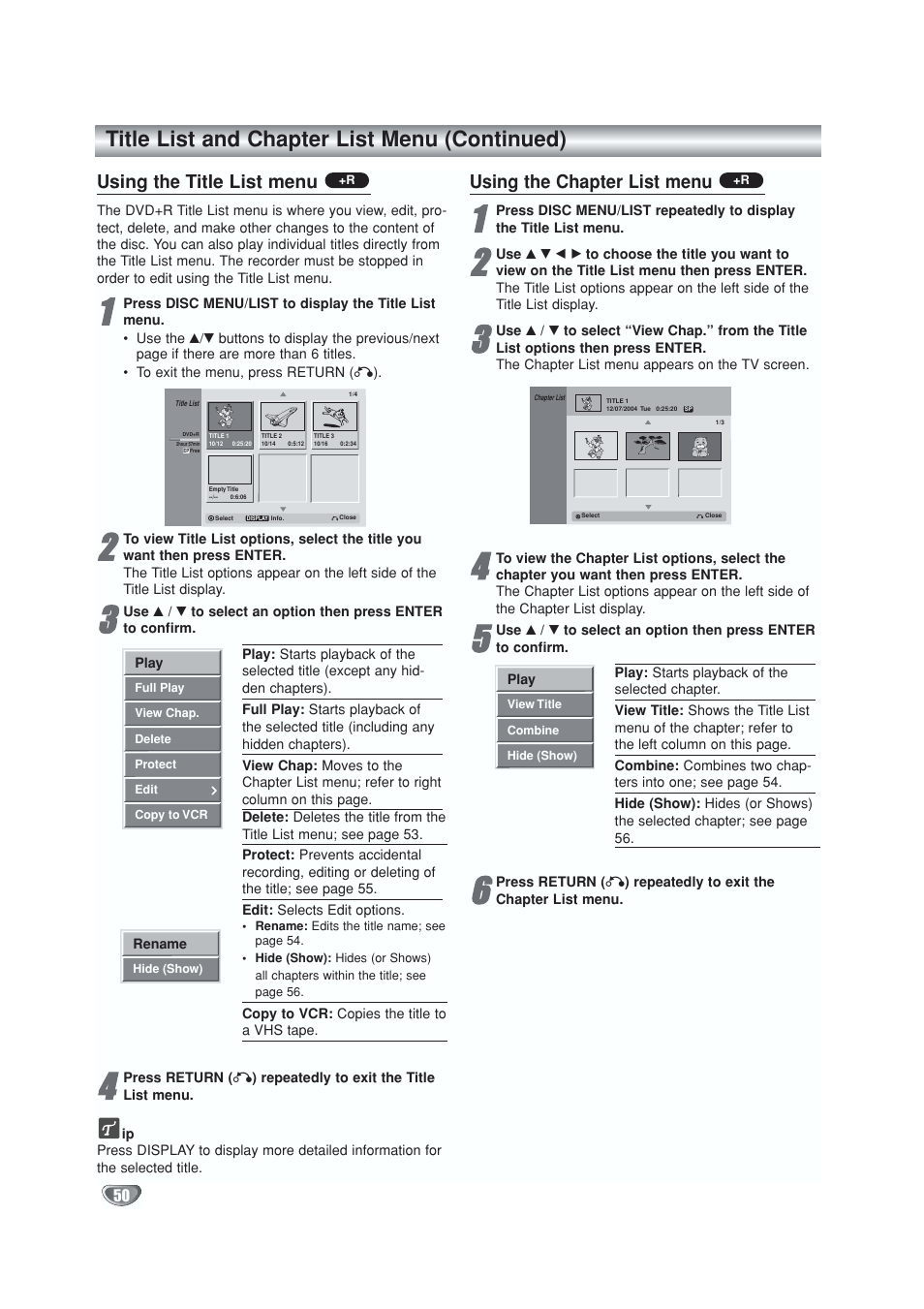 Title list and chapter list menu (continued), Using the title list menu, Using the chapter list menu | GoVideo VR5940 User Manual | Page 50 / 66