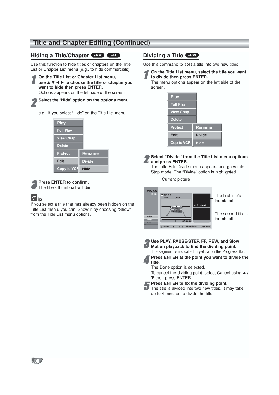 Title and chapter editing (continued), Hiding a title/chapter, Dividing a title | GoVideo VR5940 User Manual | Page 56 / 66