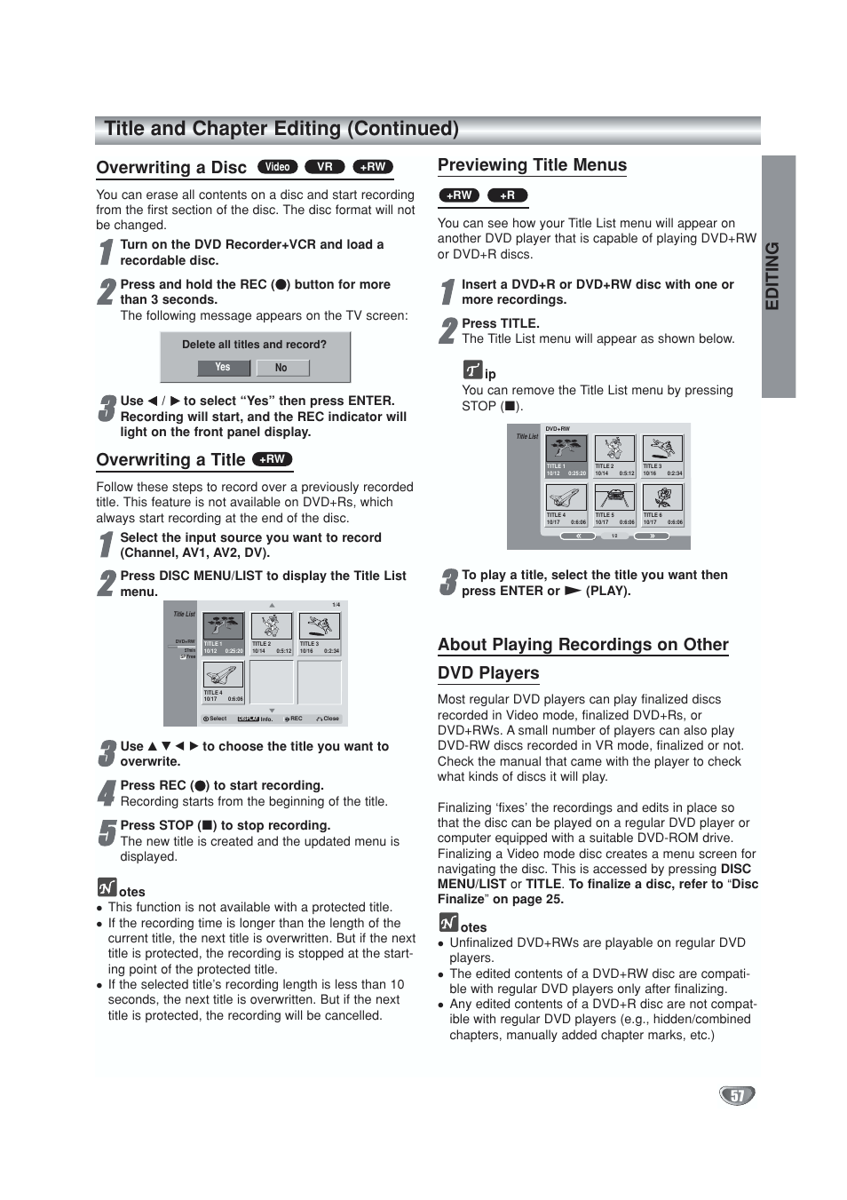 Title and chapter editing (continued), Overwriting a disc, Overwriting a title | Previewing title menus, About playing recordings on other dvd players, Editing | GoVideo VR5940 User Manual | Page 57 / 66