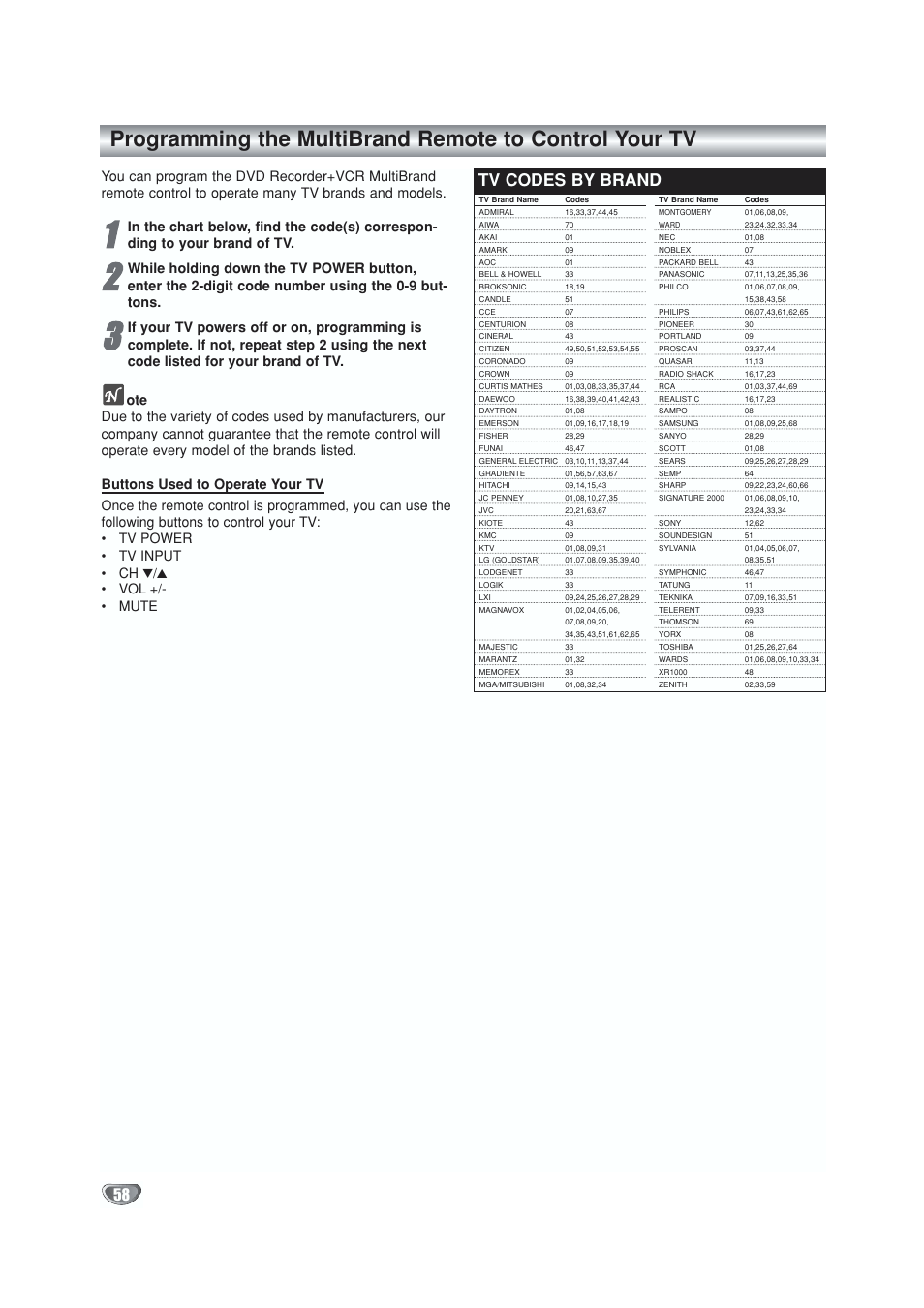 Programming the remote, Code list, Tv codes by brand | GoVideo VR5940 User Manual | Page 58 / 66