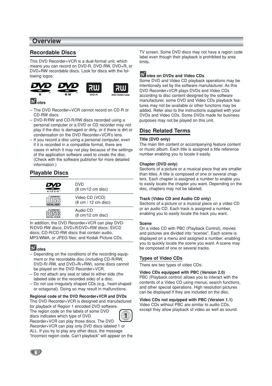 Disc compatibility, Overview, Recordable discs | Playable discs, Disc related terms | GoVideo VR5940 User Manual | Page 6 / 66